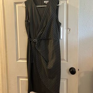 Calvin Klein Black Pinstripe Faux-Wrap Midi Dress